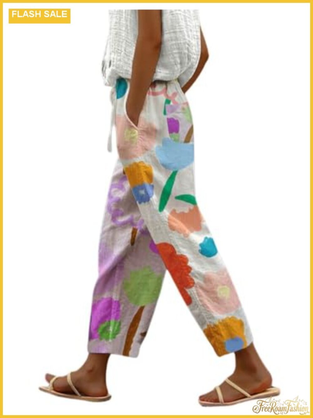 Women's Vintage Floral Wide Leg Capri Pants with Pockets
